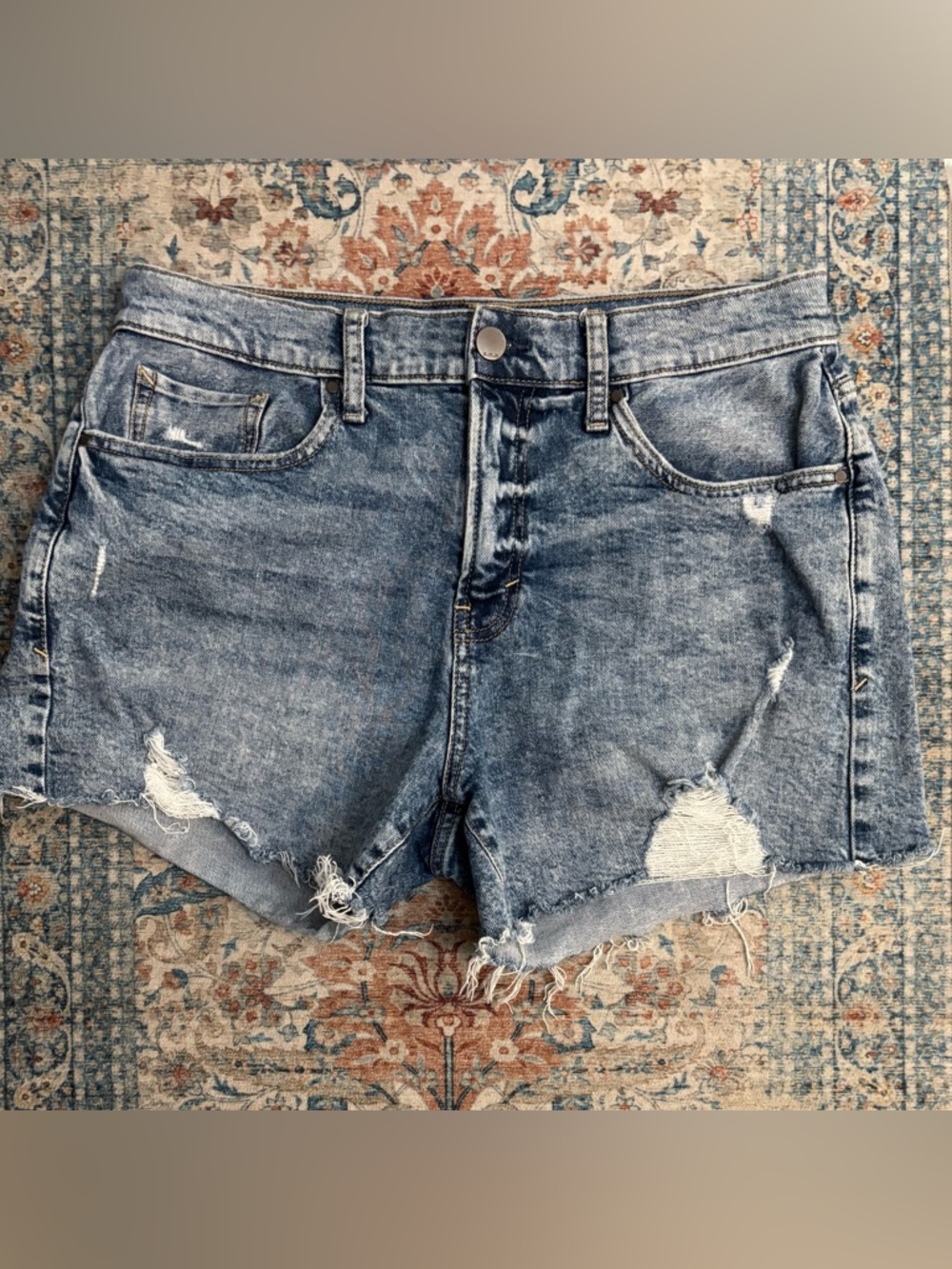 a.n.a Distressed Light Blue High-Rise Denim Shorts